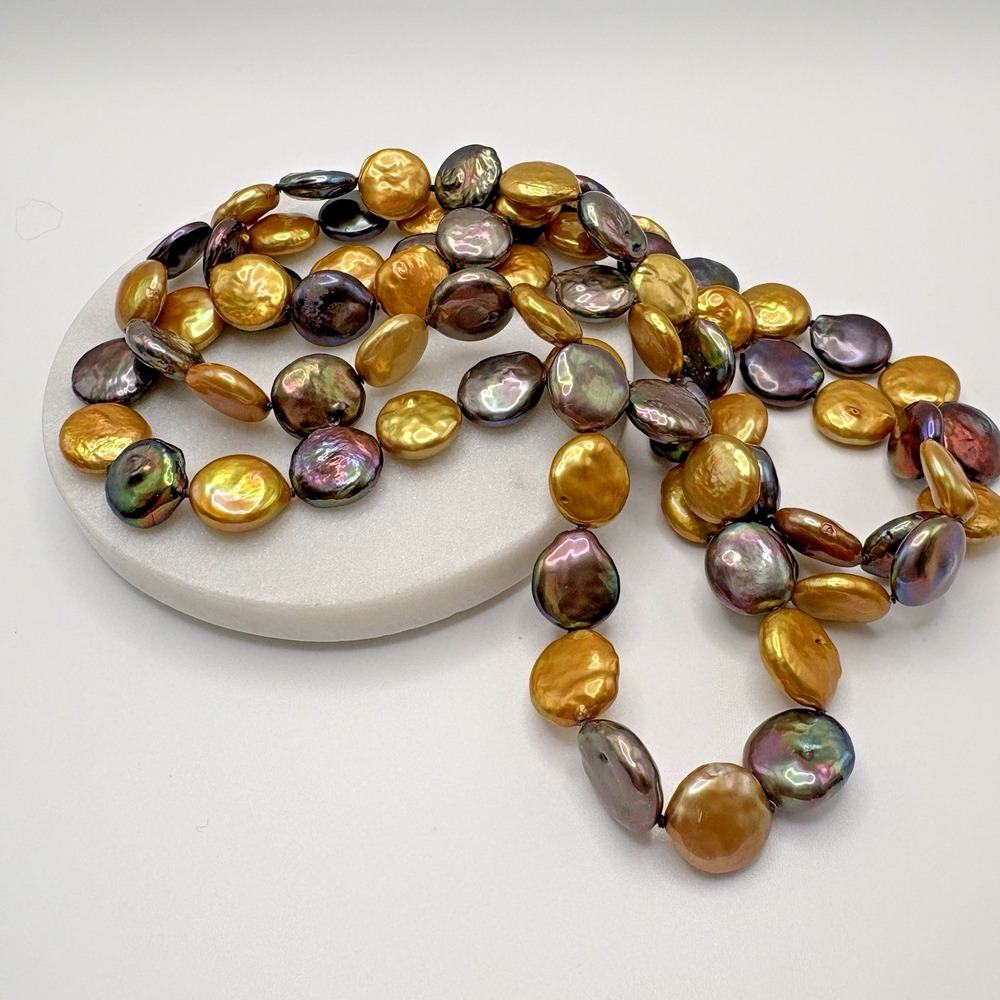 QVC Freshwater Coin Pearl Necklace Gray Oil Slick Golden Bronze Fall Autumn 44"